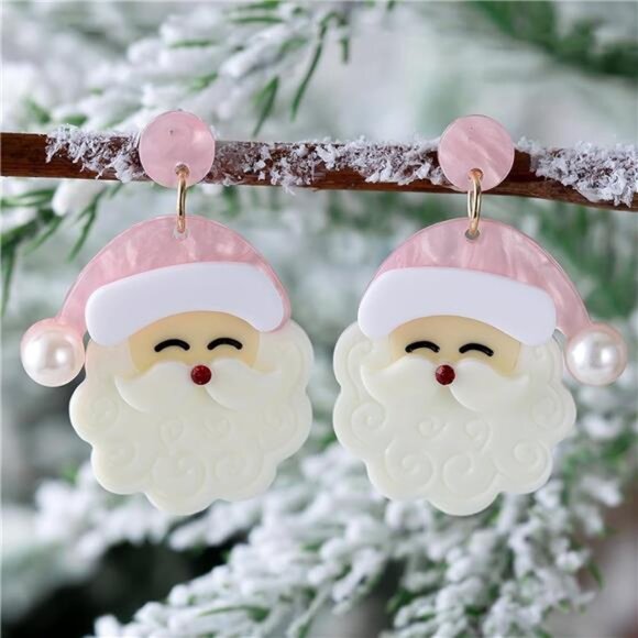 Pink Santa Claus Dangle Earrings Christmas Accessories Holiday Jewelry Xmas Gift - Picture 3 of 8